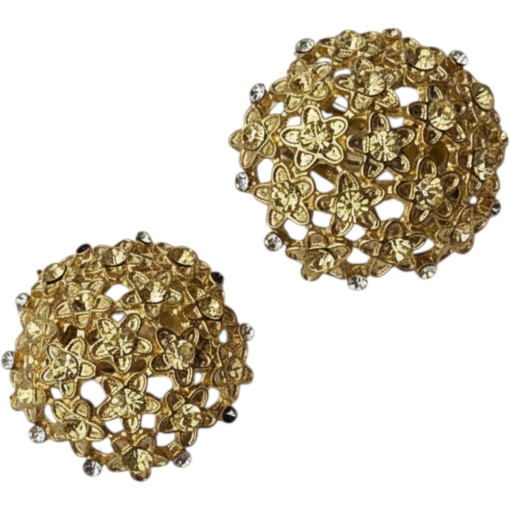 Vintage Gold Tone Floral Filigree Rhinestone‎ Dome Clip On Earrings Yellow Clear
